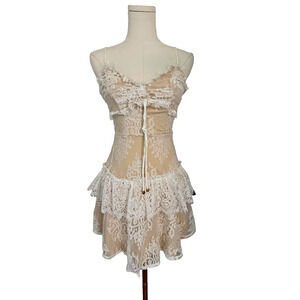 Selfie Leslie White And Beige Dreamy Short Ruffled Fairy Lace Mini Dress XS NWT